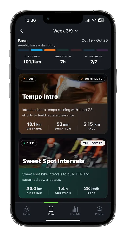 kovaa plan screen showing a complete week of structured training