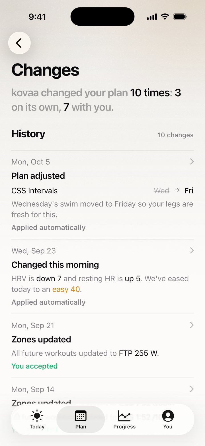 History of changes: every plan change with its reason