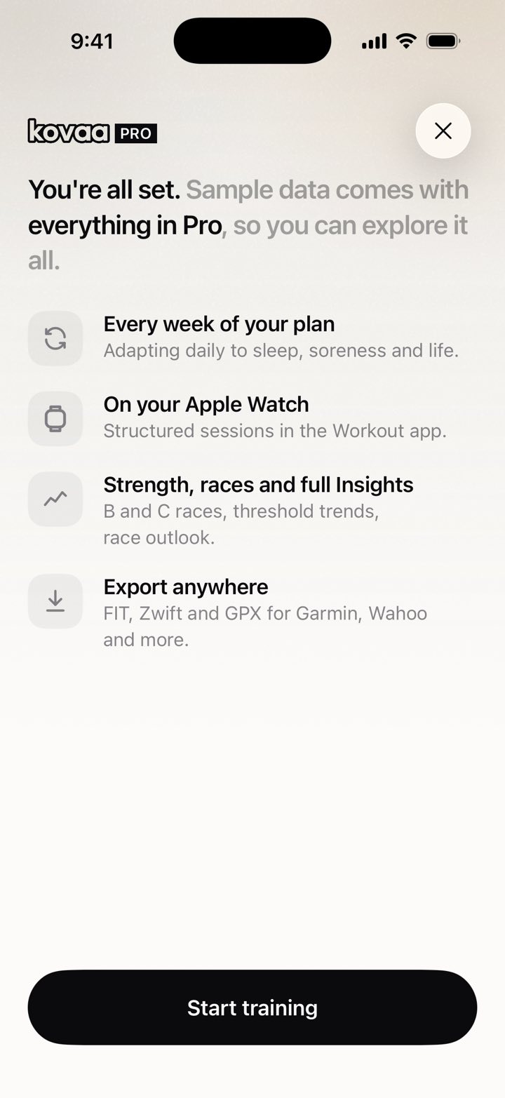 kovaa Pro: every week of your plan, on your Apple Watch, strength, races and full Insights, export anywhere